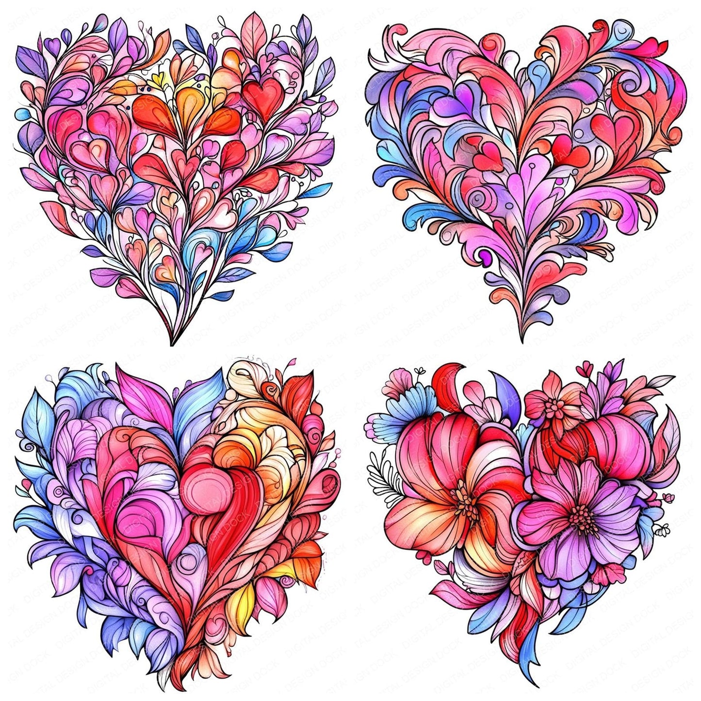 Floral Boho Heart Design Clipart Set (DDD005375)