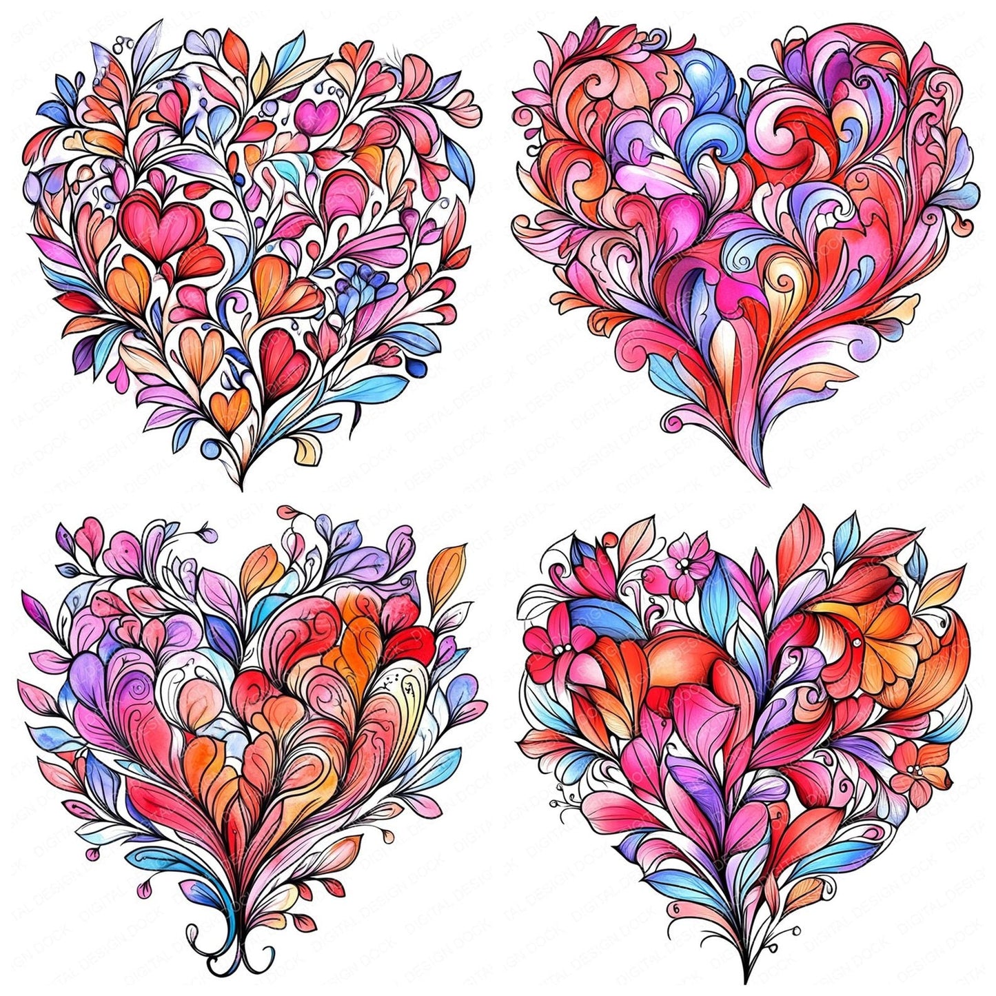 Floral Boho Heart Design Clipart Set (DDD005375)