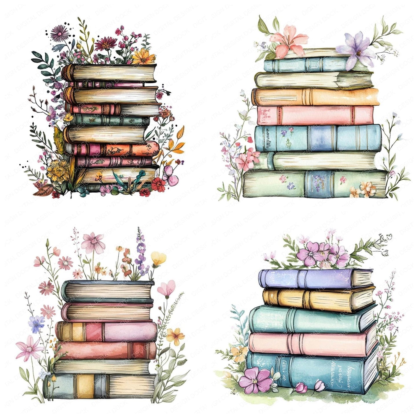 Floral Book Stack Clipart Set (DDD005381)