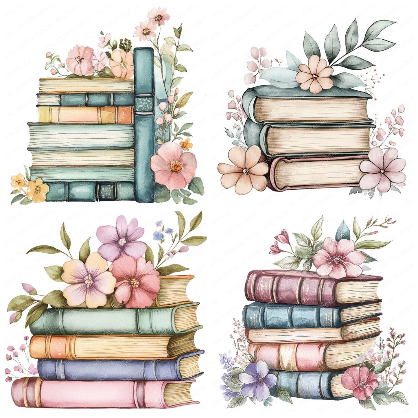 Floral Book Stack Clipart Set (DDD005381)