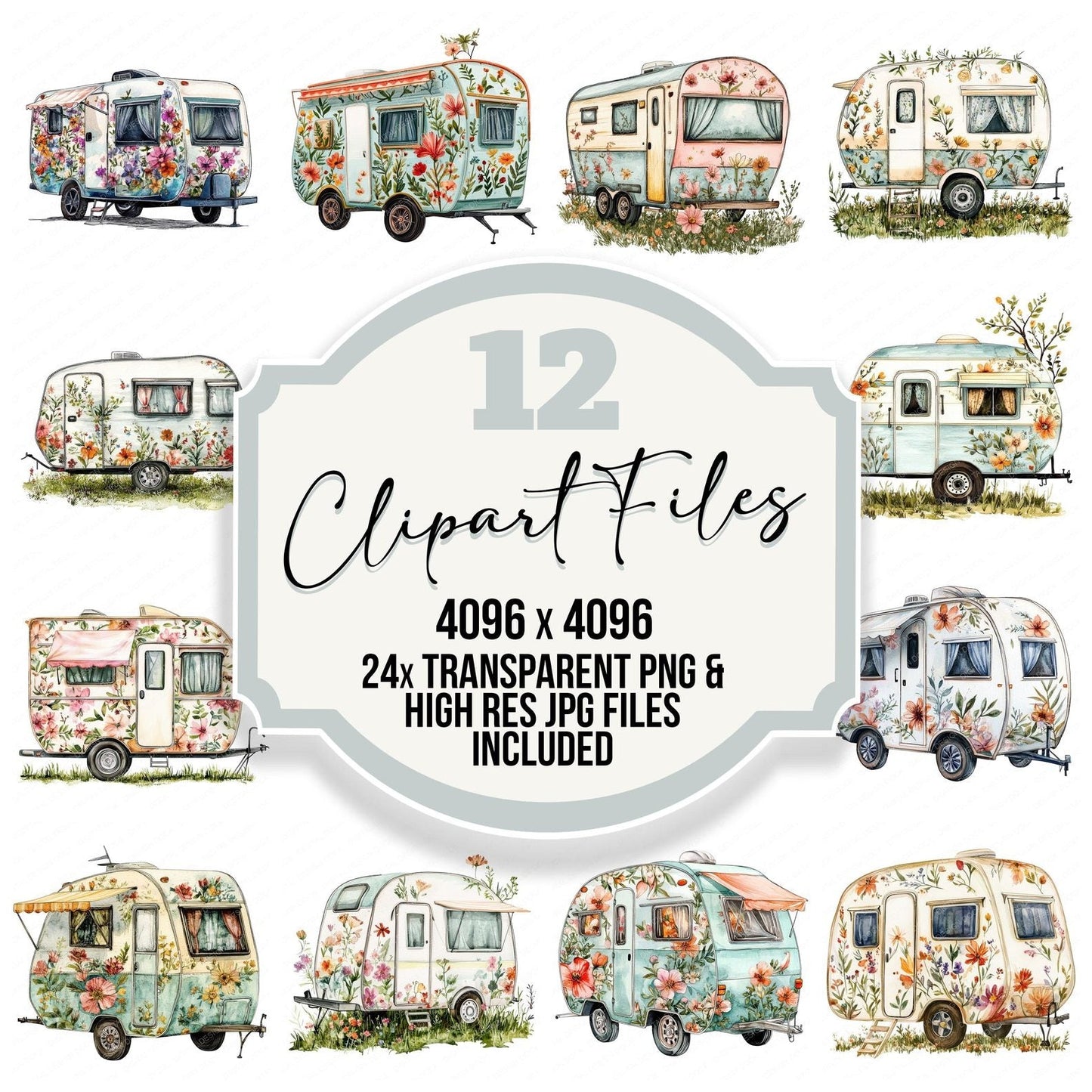 Floral Camping Trailer Clipart Set (DDD005385)