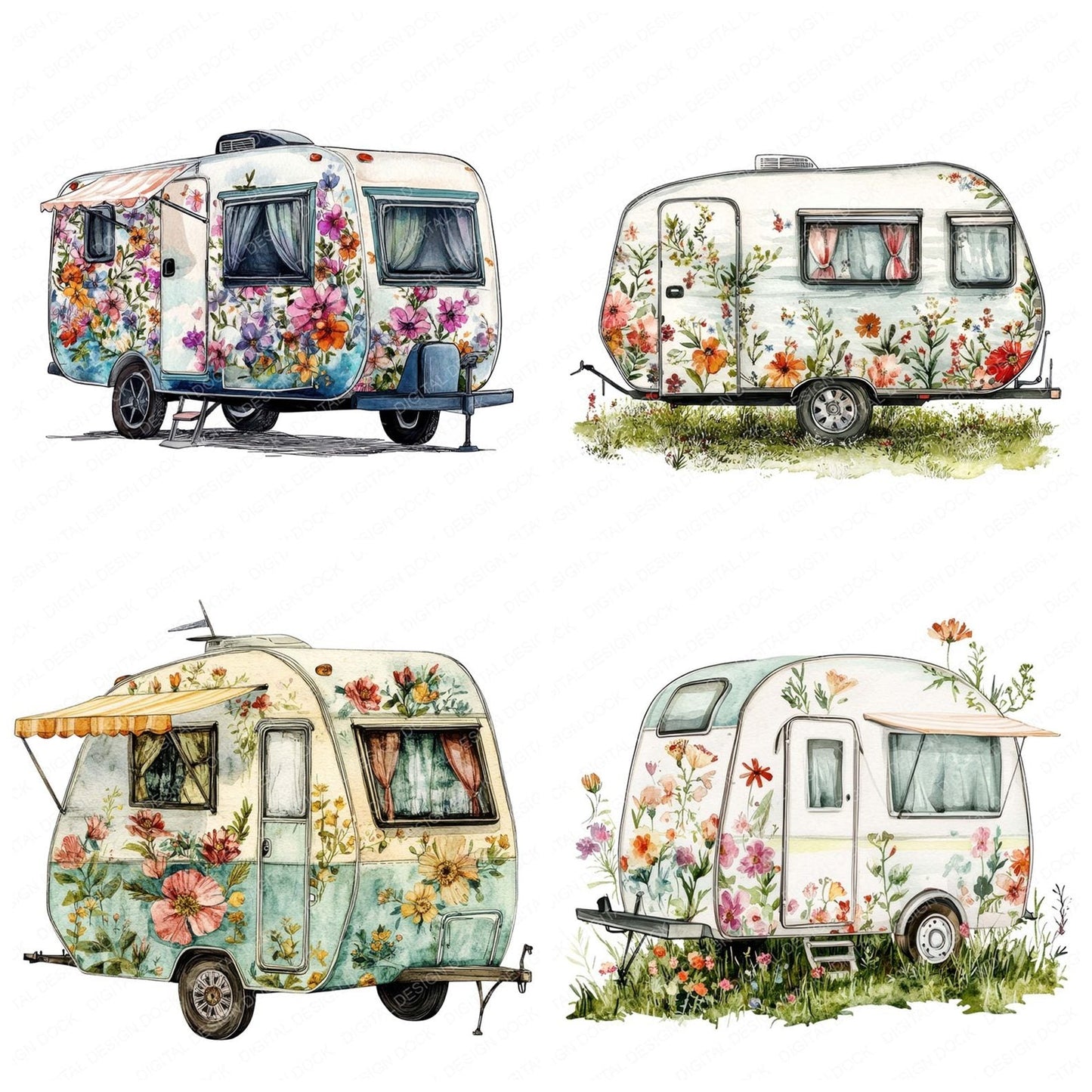 Floral Camping Trailer Clipart Set (DDD005385)