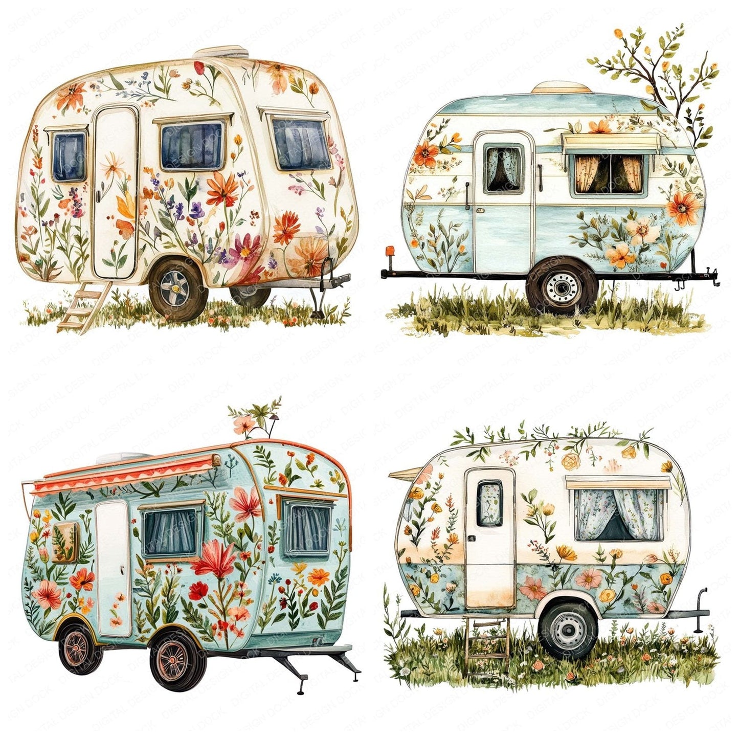 Floral Camping Trailer Clipart Set (DDD005385)