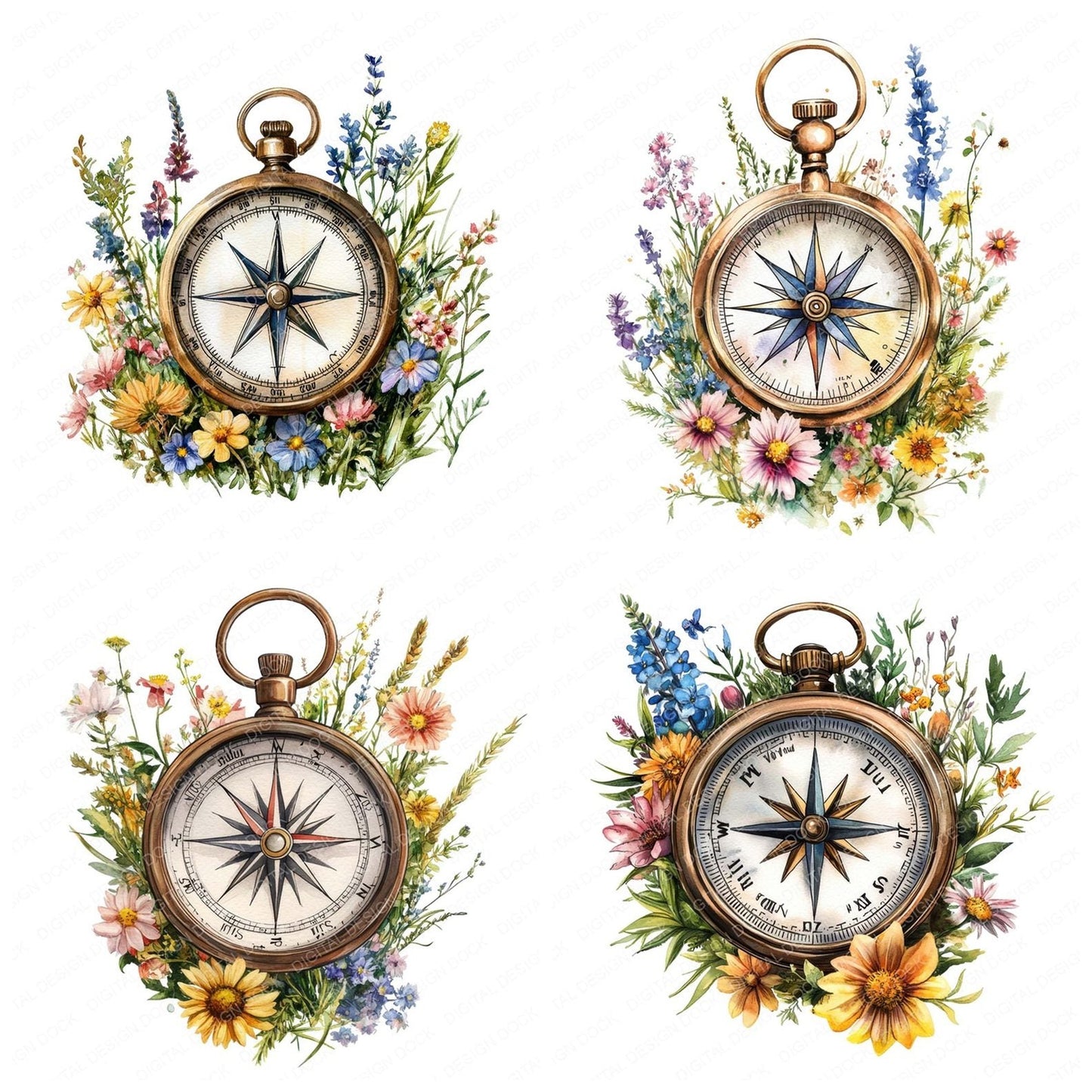 Floral Compass Clipart Set (DDD005387)