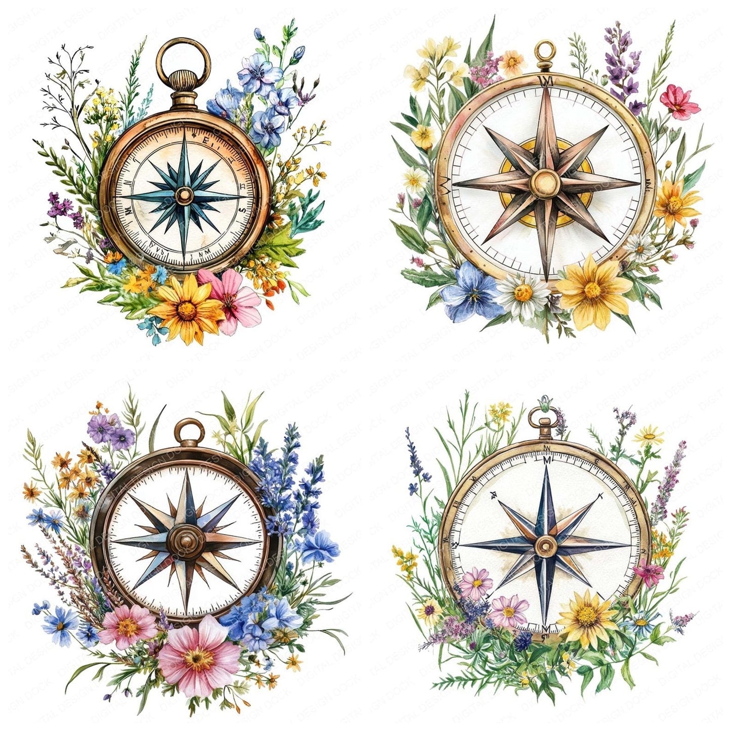 Floral Compass Clipart Set (DDD005387)