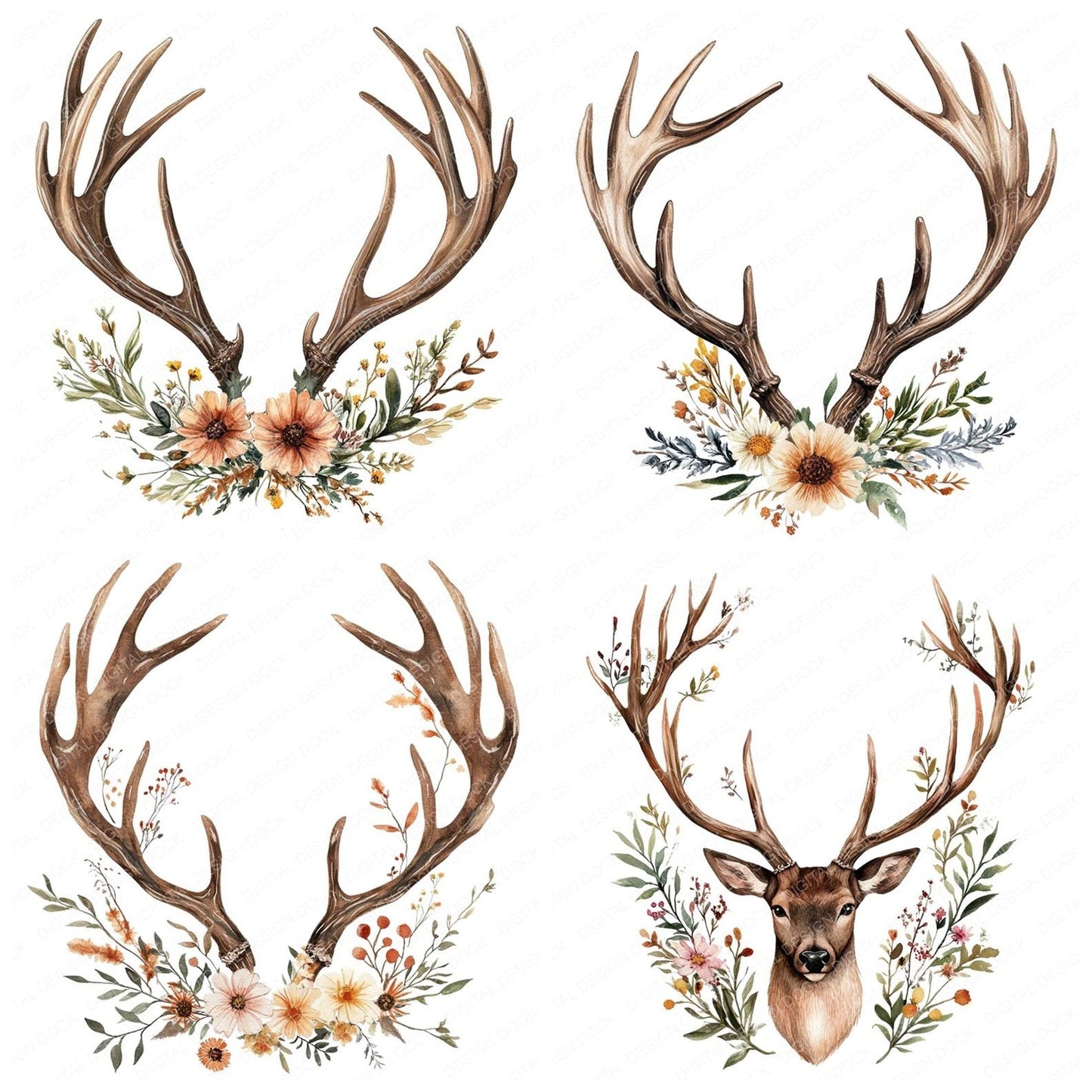 Floral Deer Antlers Clipart Set (DDD005391)
