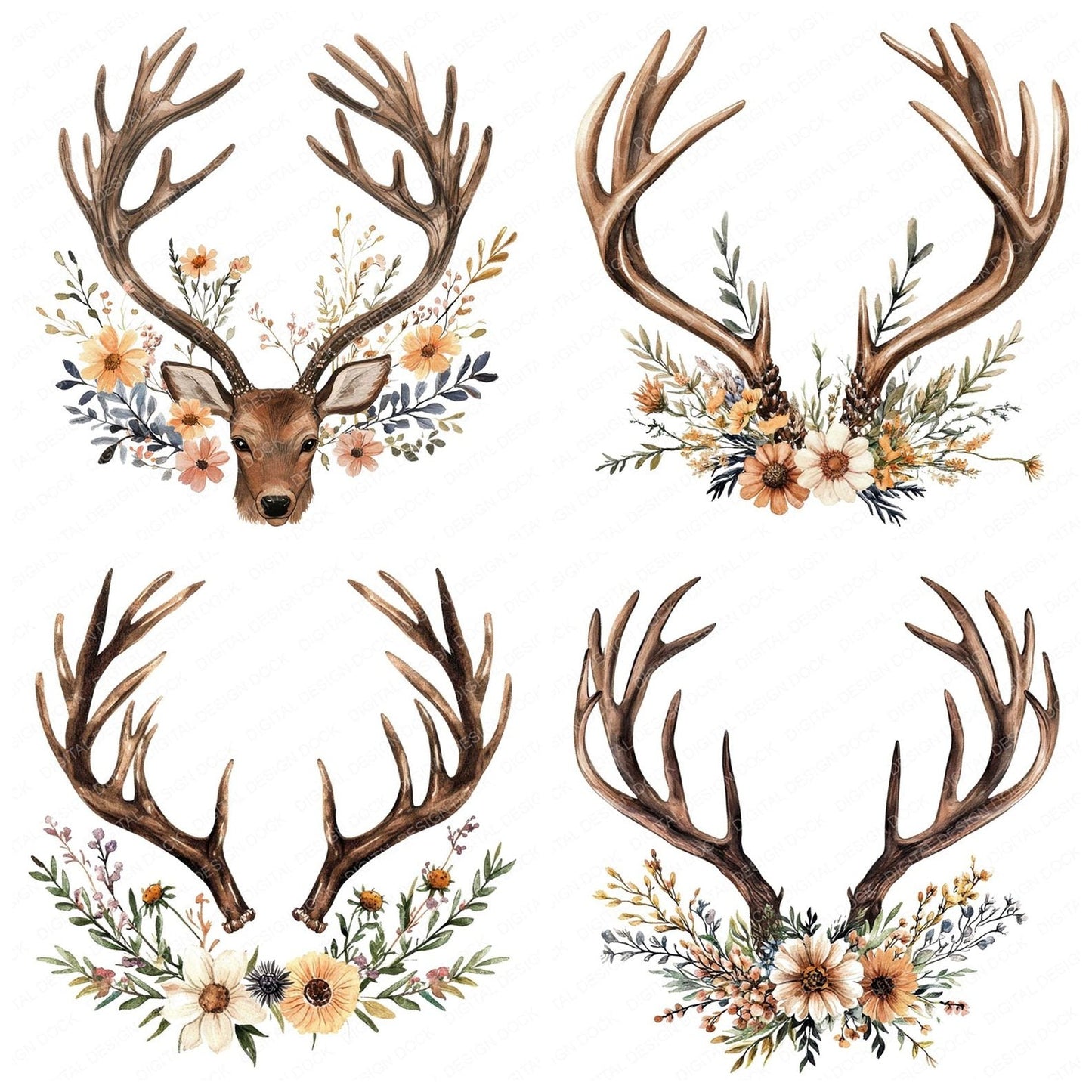 Floral Deer Antlers Clipart Set (DDD005391)