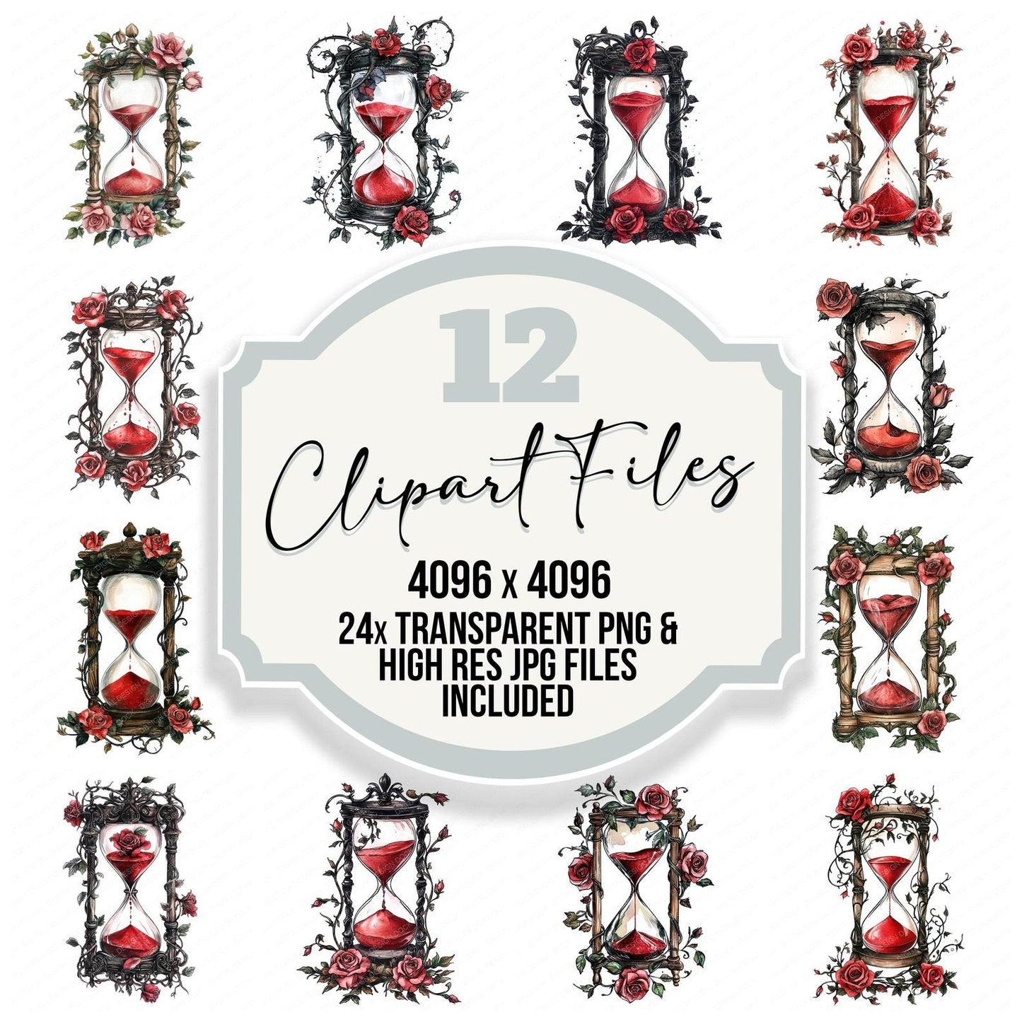 Floral Hourglass with Red Sand Clipart Set (DDD005405)