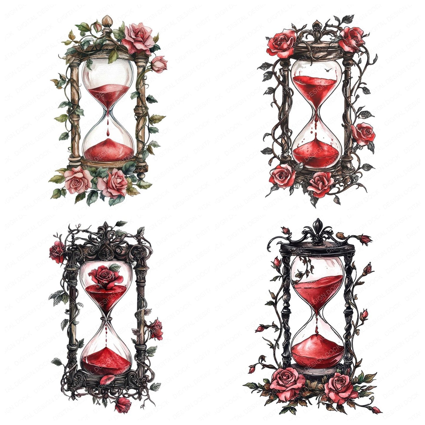 Floral Hourglass with Red Sand Clipart Set (DDD005405)