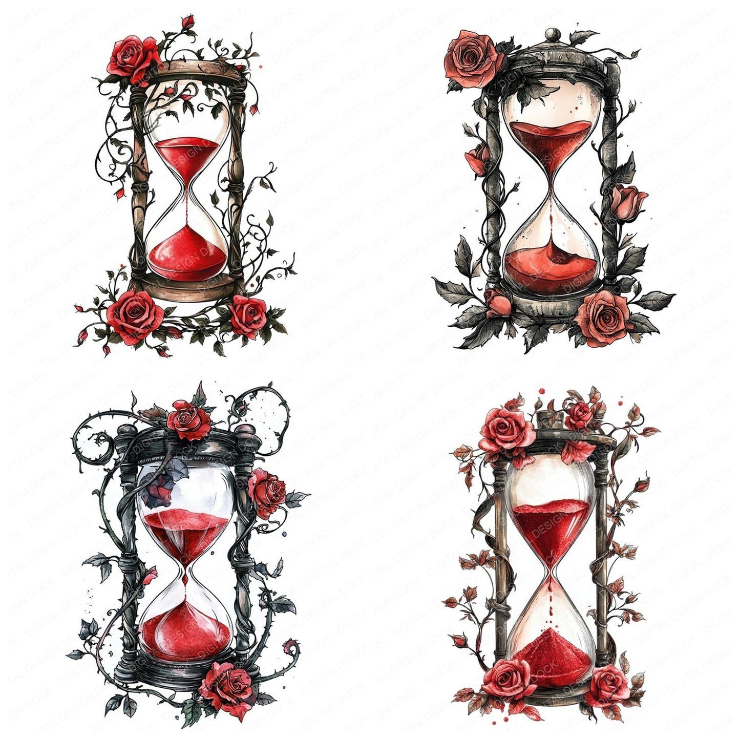 Floral Hourglass with Red Sand Clipart Set (DDD005405)
