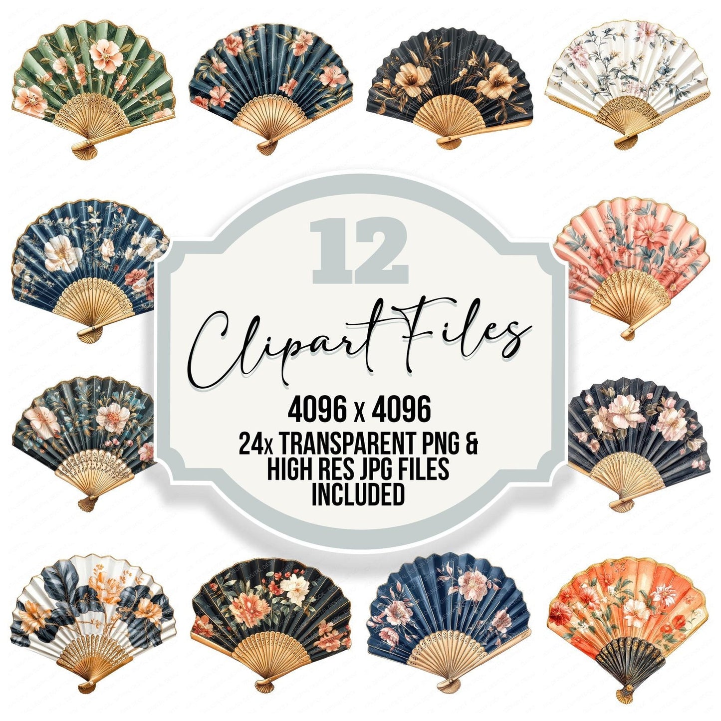 Floral Luxury Hand Fan Clipart Set (DDD005407)