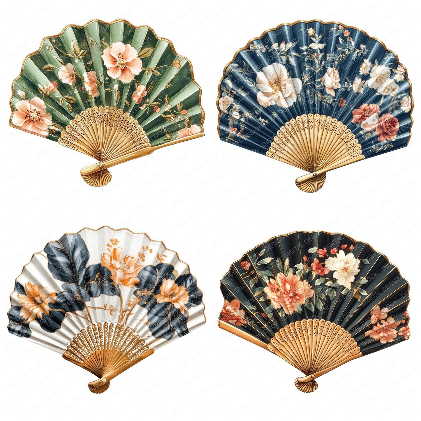 Floral Luxury Hand Fan Clipart Set (DDD005407)