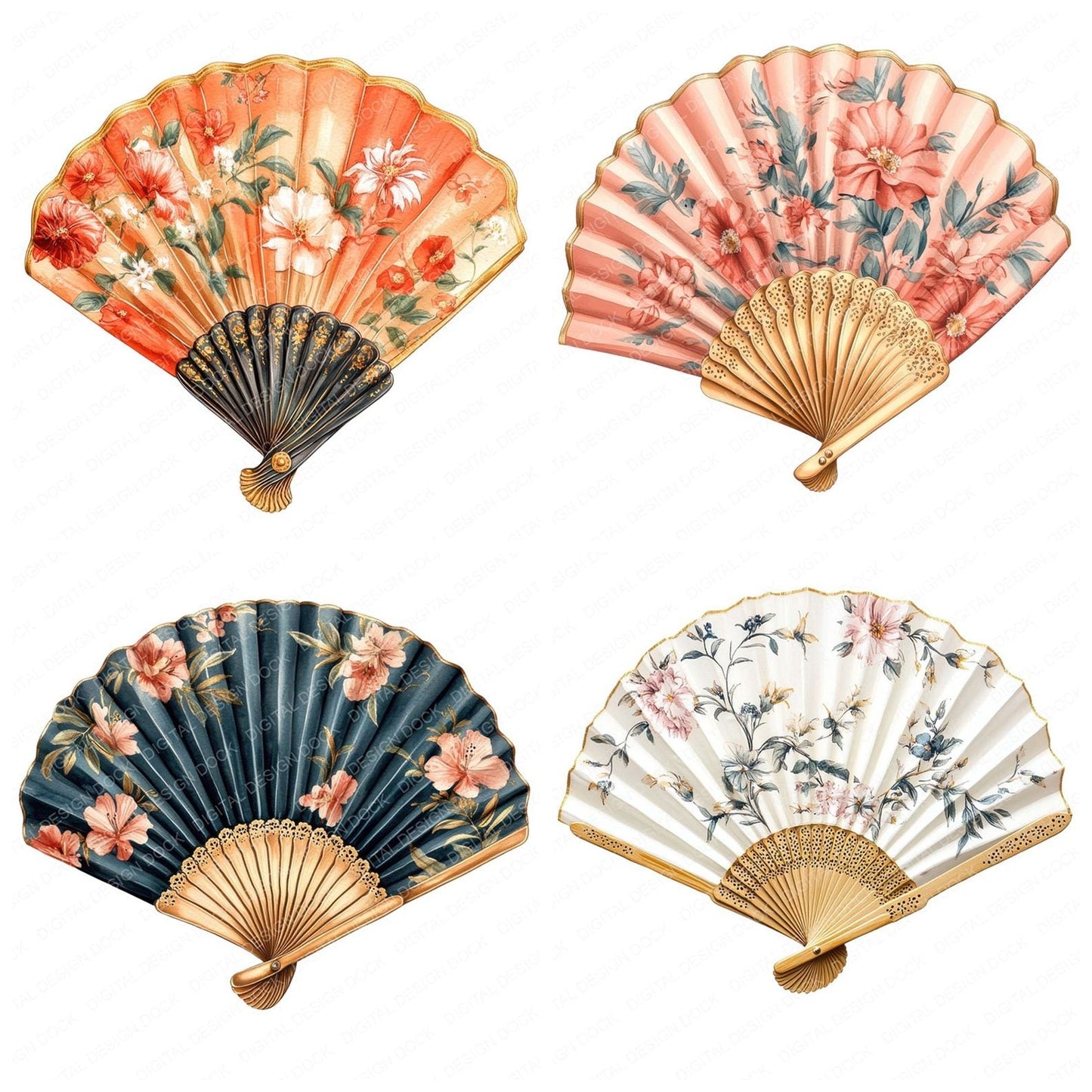 Floral Luxury Hand Fan Clipart Set (DDD005407)