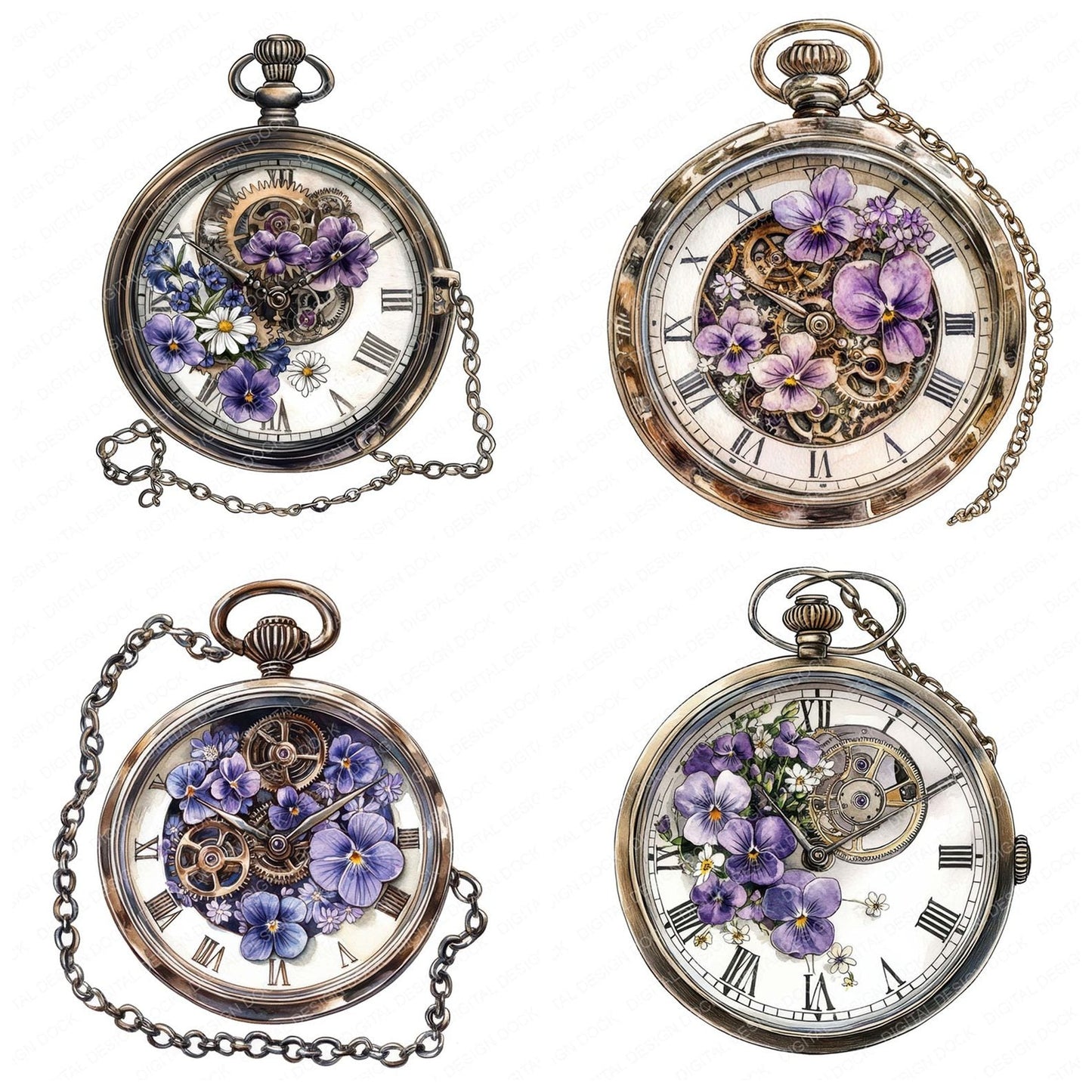 Floral Pocket Watch Clipart Set (DDD005418)