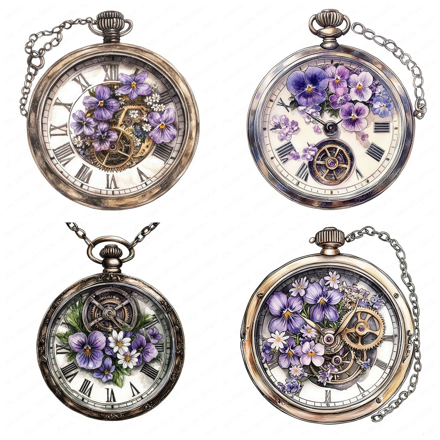 Floral Pocket Watch Clipart Set (DDD005418)
