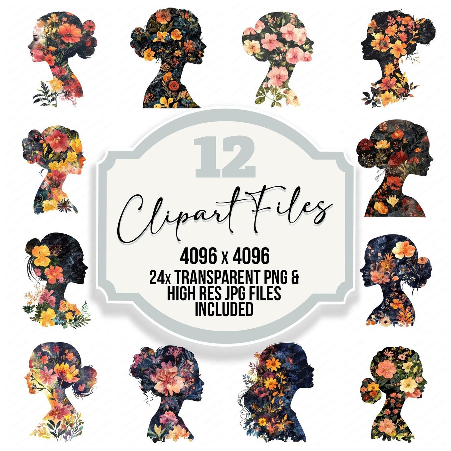 Floral Profile Silhouette Clipart Set (DDD005421)