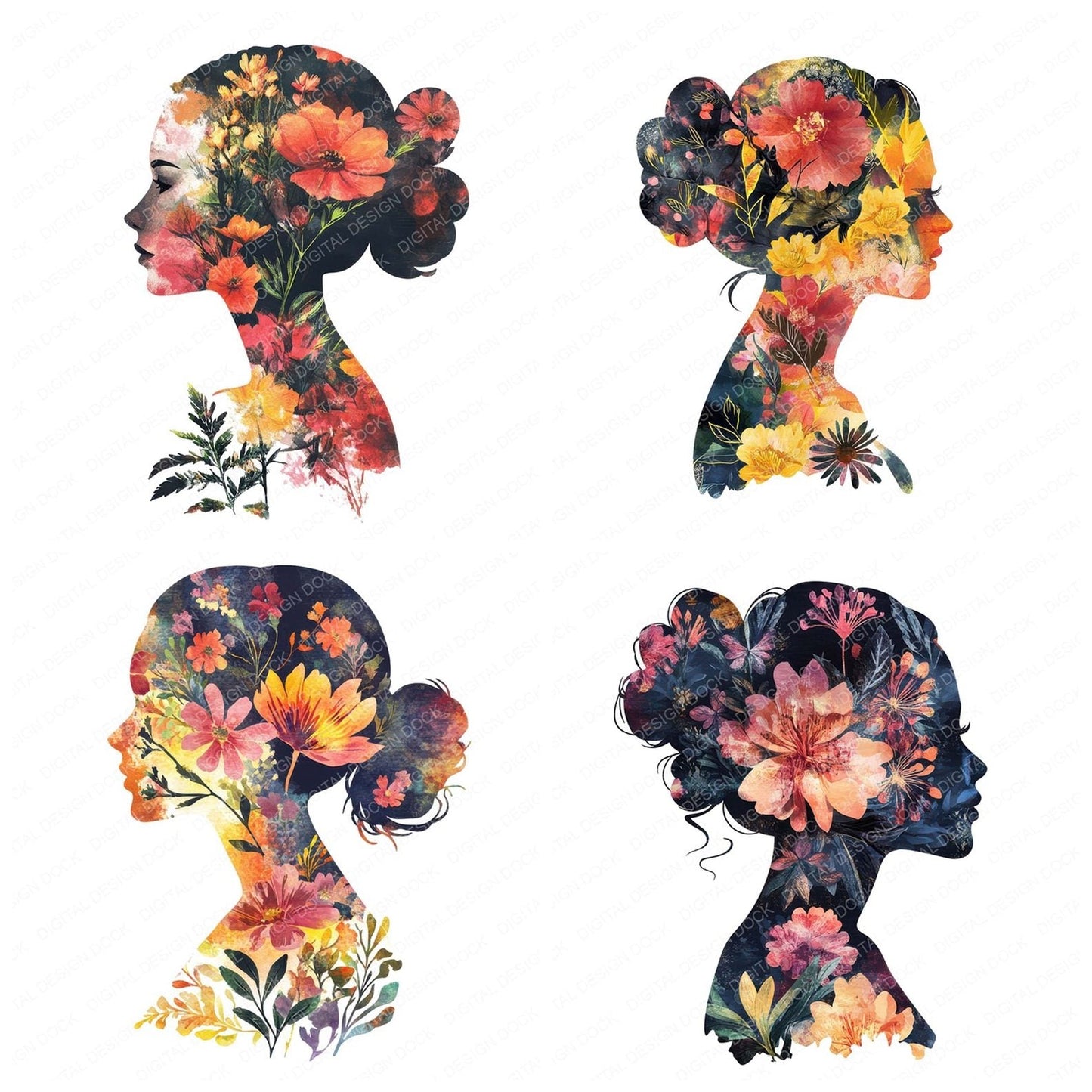 Floral Profile Silhouette Clipart Set (DDD005421)