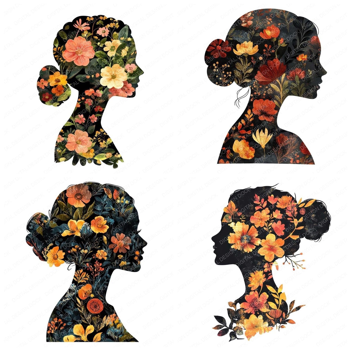Floral Profile Silhouette Clipart Set (DDD005421)