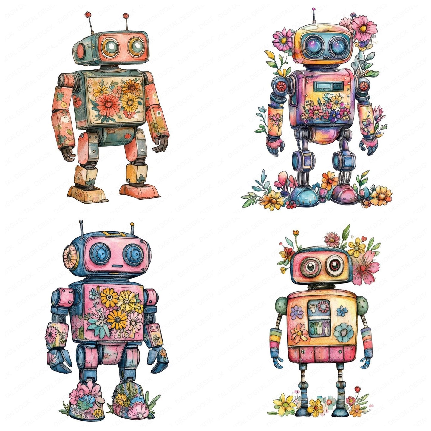 Floral Retro Robot Clipart Set (DDD005423)