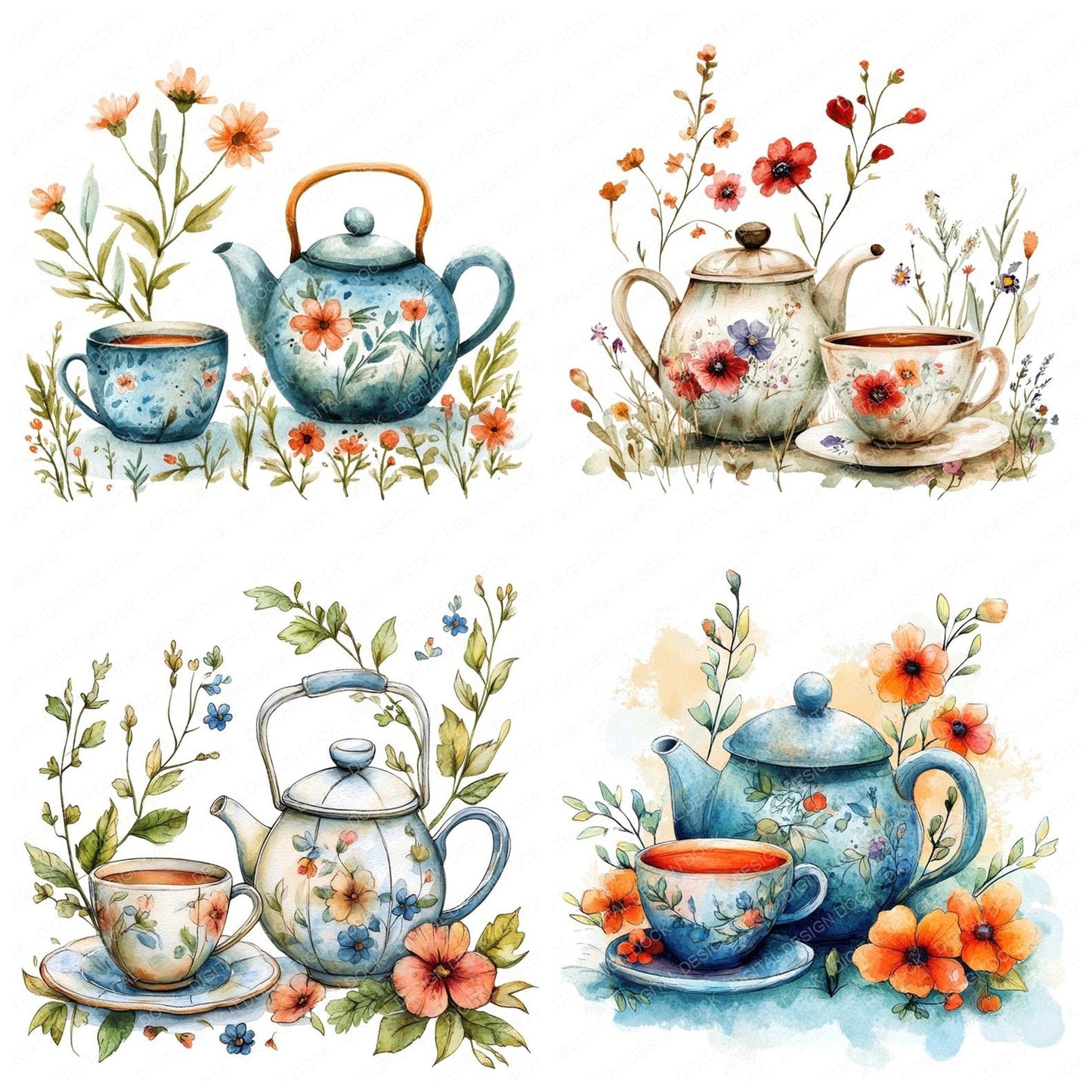 Floral Tea Set Clipart Set (DDD005432)