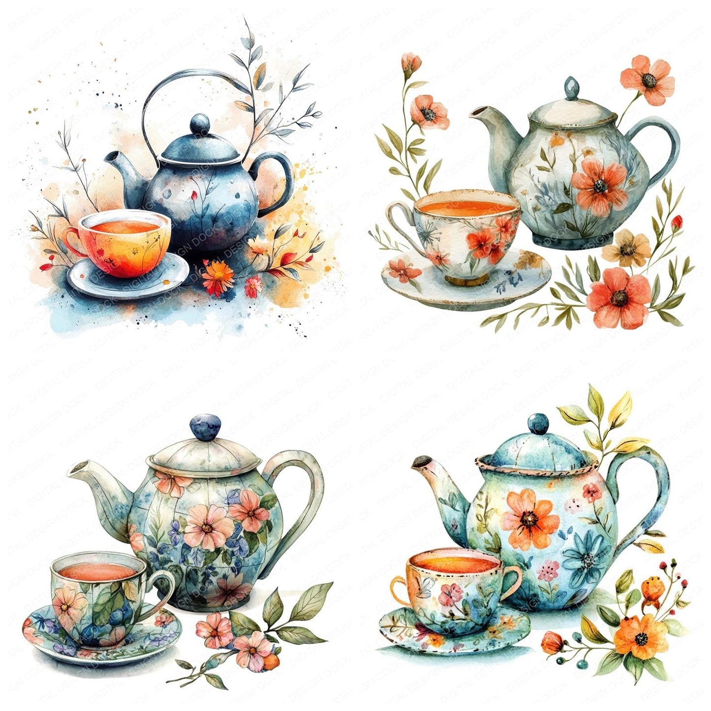 Floral Tea Set Clipart Set (DDD005432)