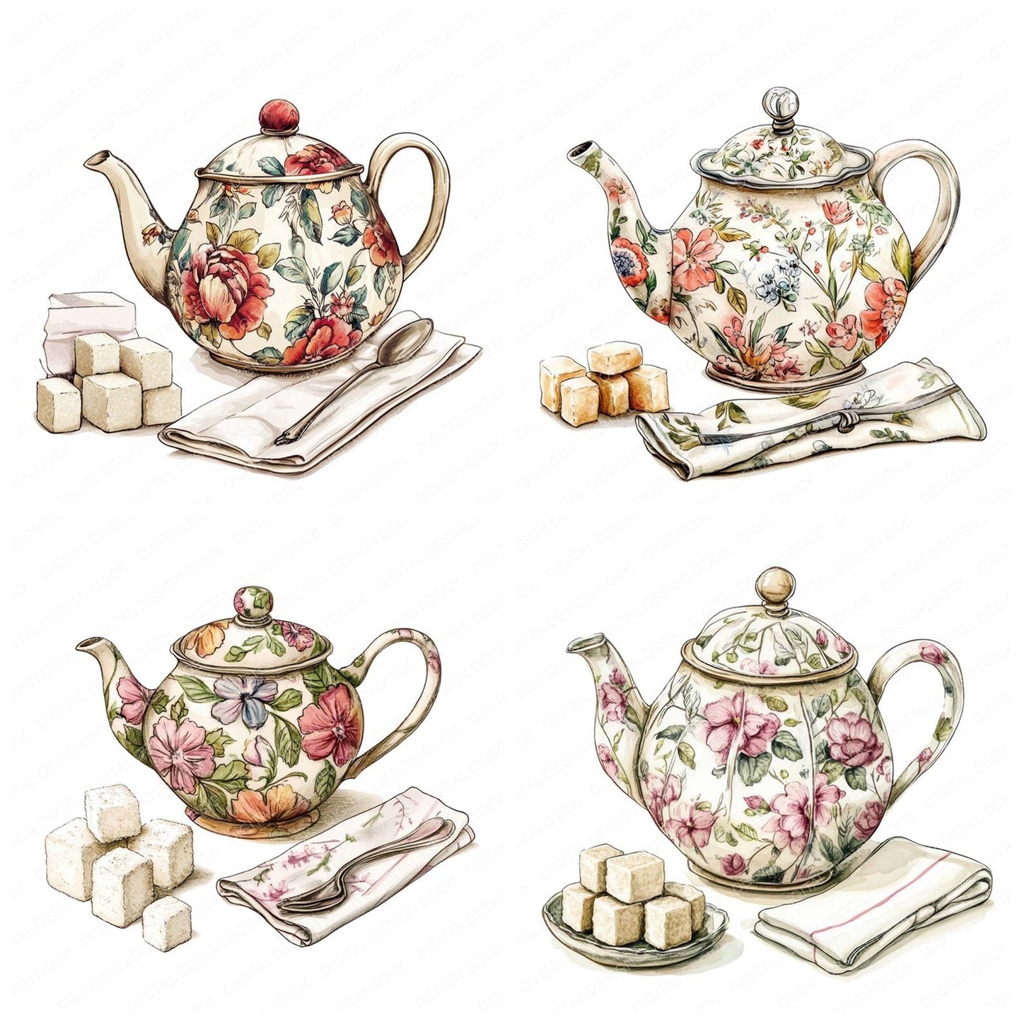 Floral Teapot Clipart Set (DDD005434)