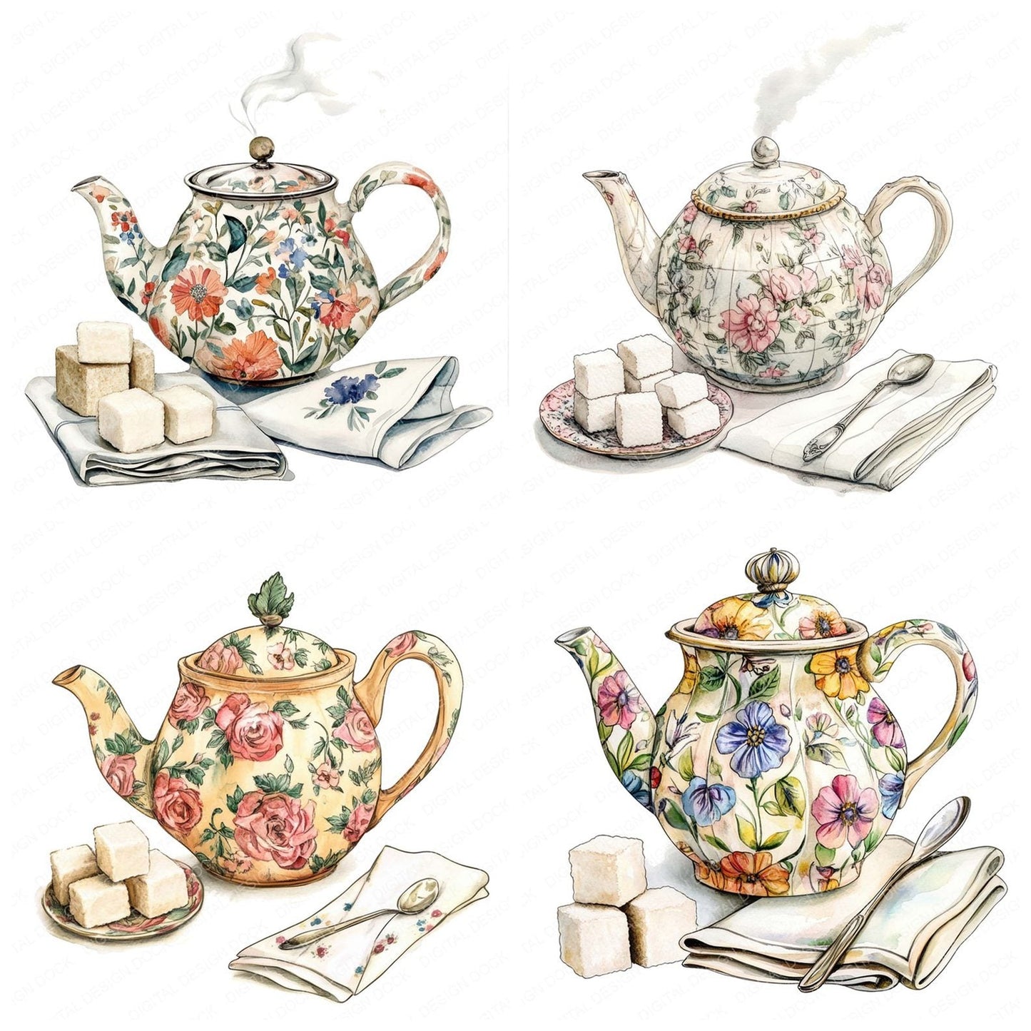 Floral Teapot Clipart Set (DDD005434)