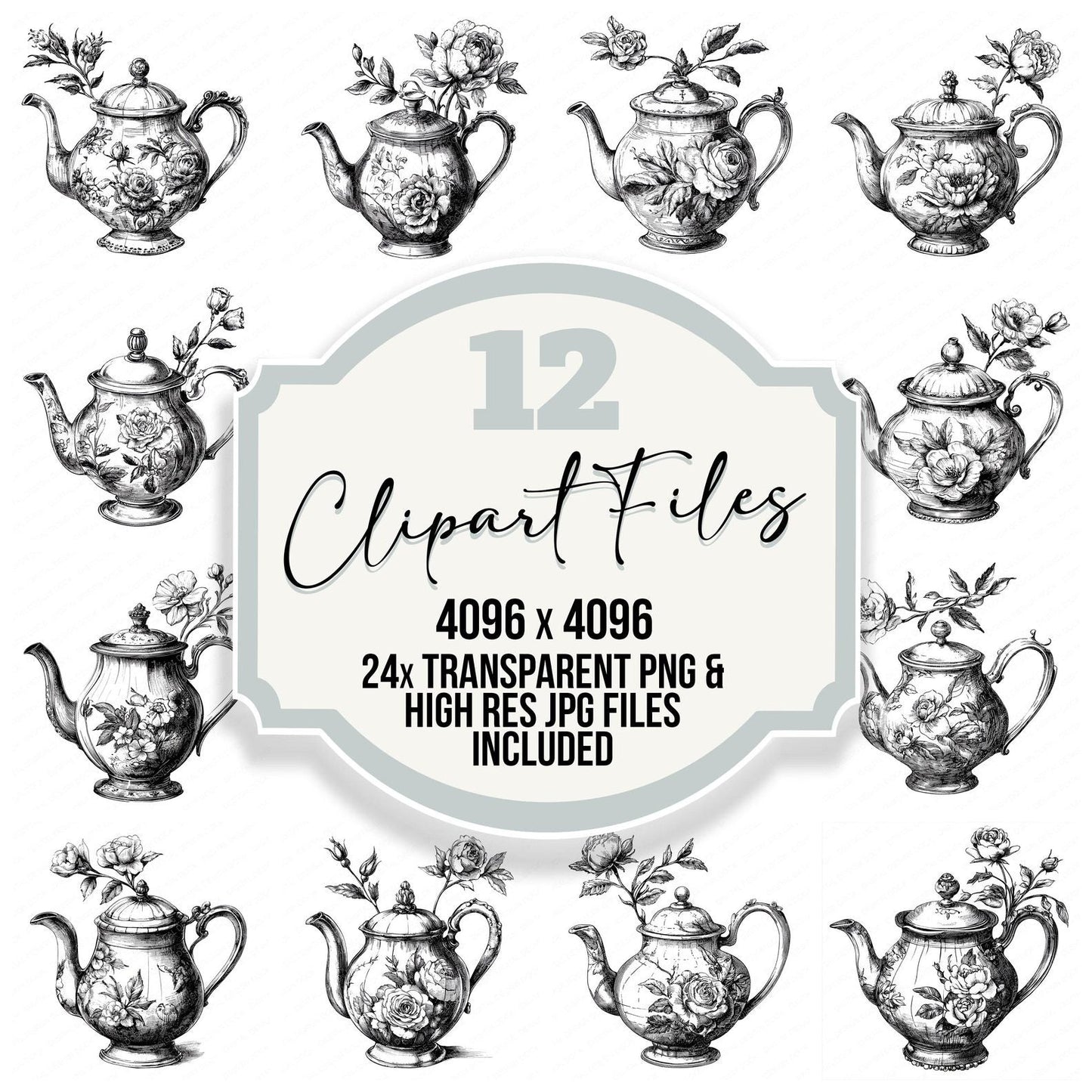 Floral Teapot Sketch Clipart Set (DDD005435)