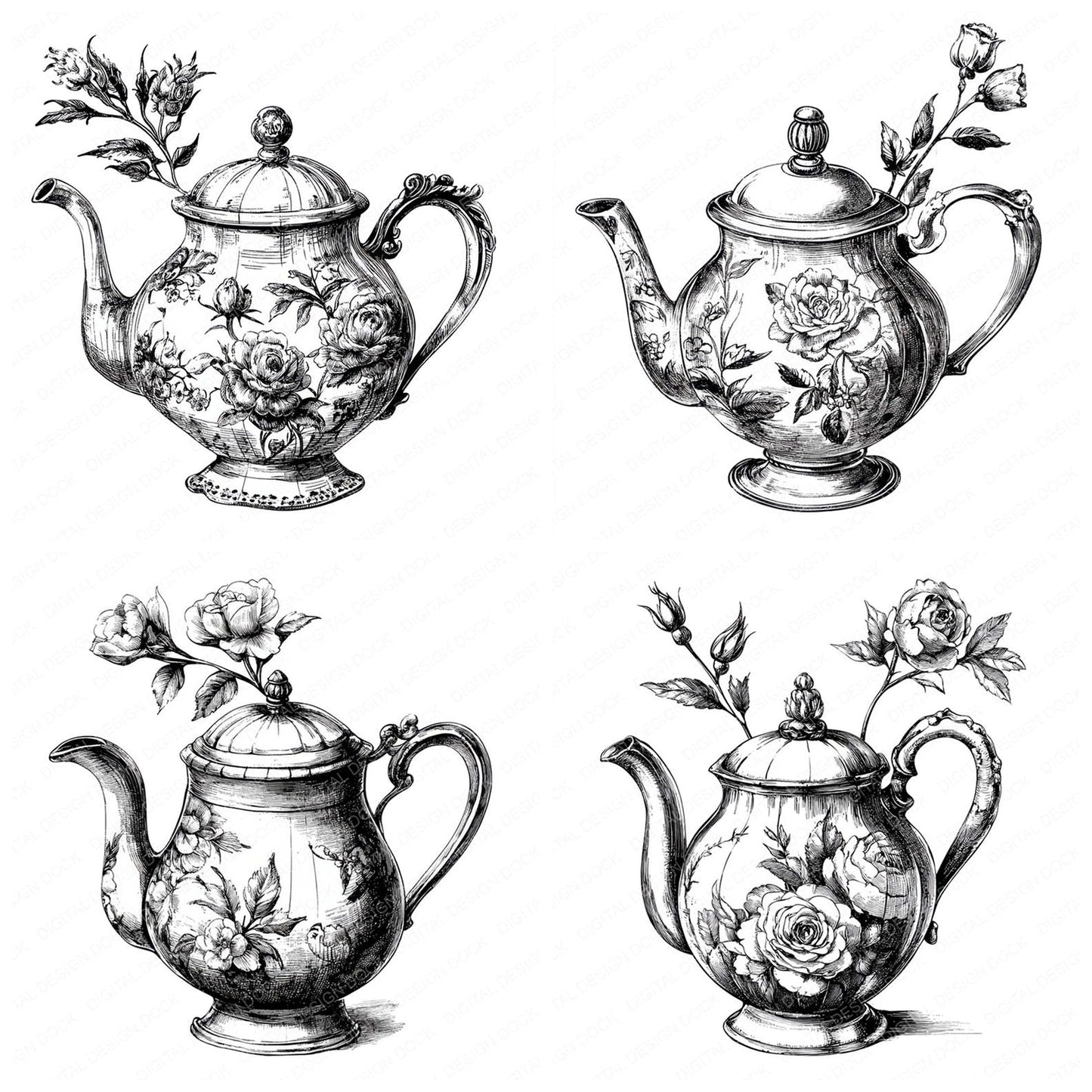 Floral Teapot Sketch Clipart Set (DDD005435)