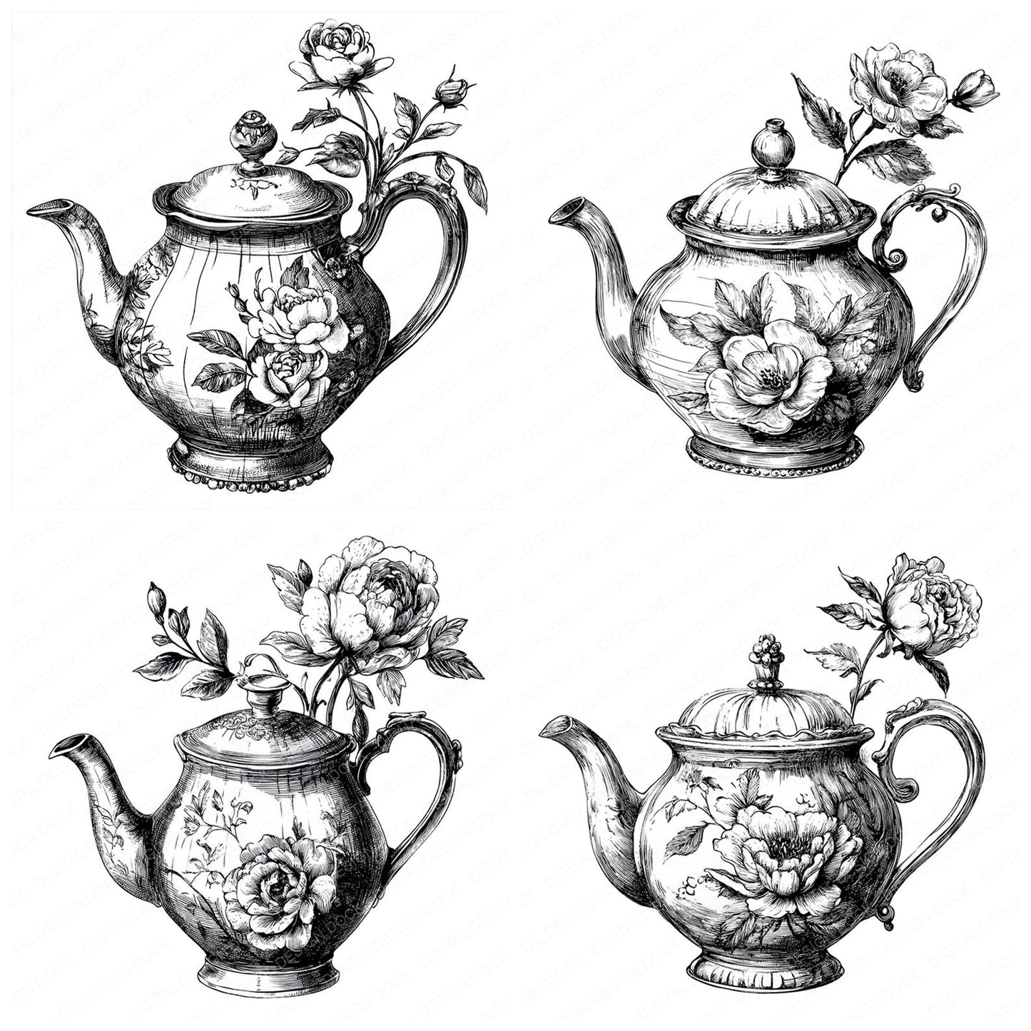 Floral Teapot Sketch Clipart Set (DDD005435)