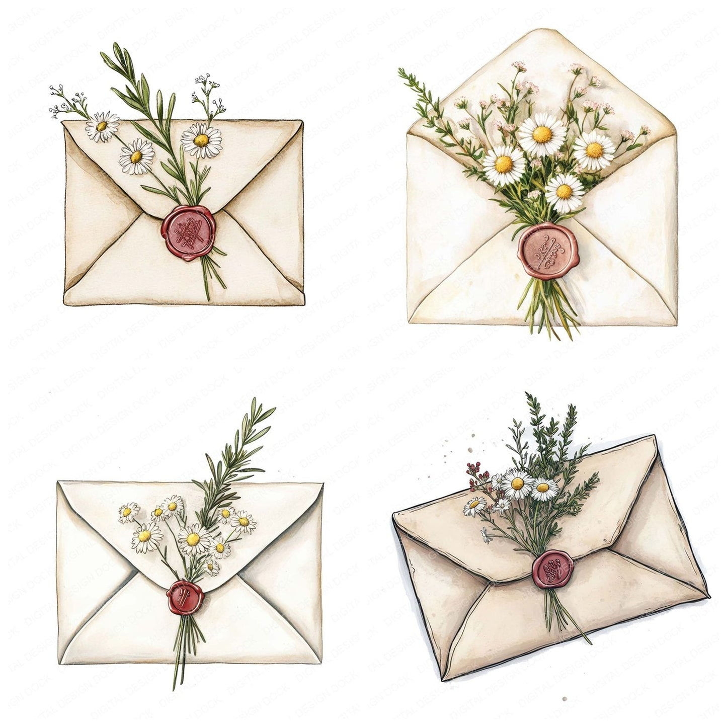 Floral Tied Envelope Clipart Set (DDD005437)