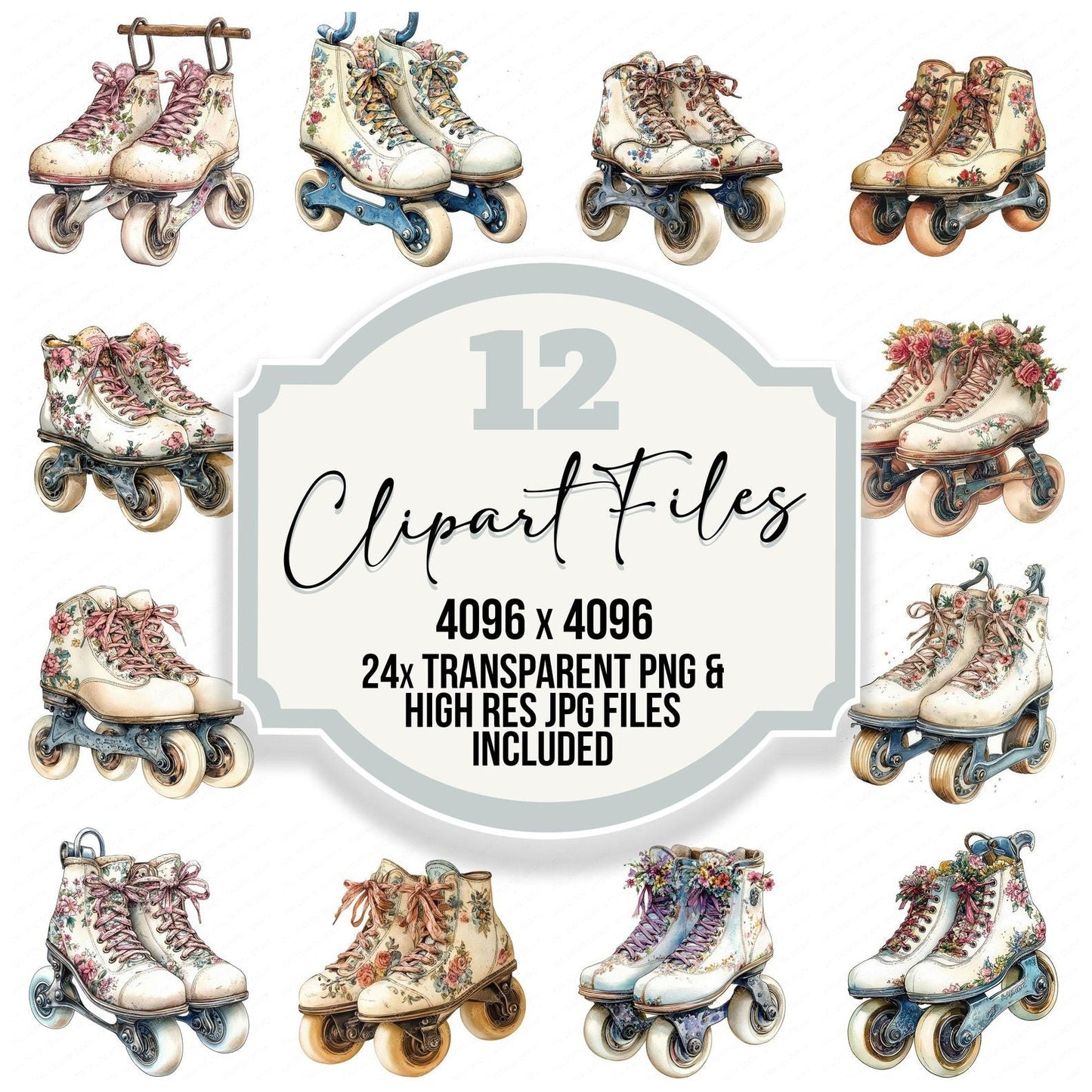 Floral Vintage Roller Skates Clipart Set (DDD005442)
