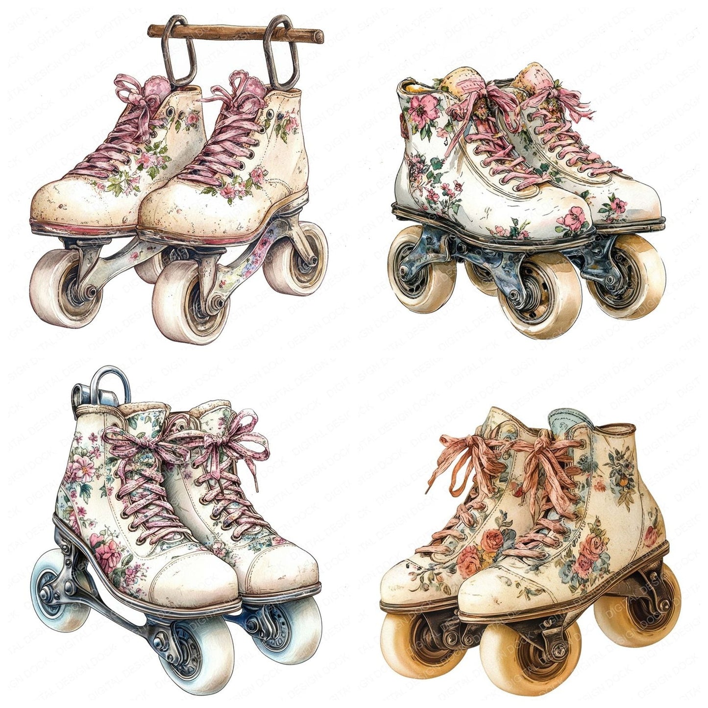 Floral Vintage Roller Skates Clipart Set (DDD005442)