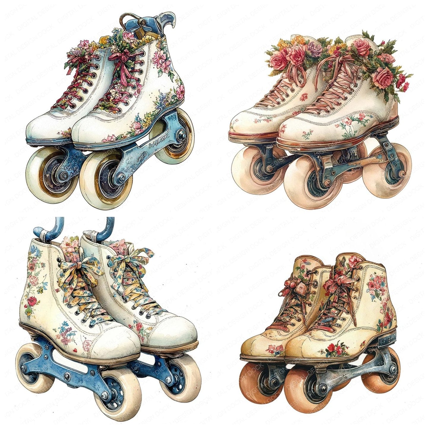 Floral Vintage Roller Skates Clipart Set (DDD005442)