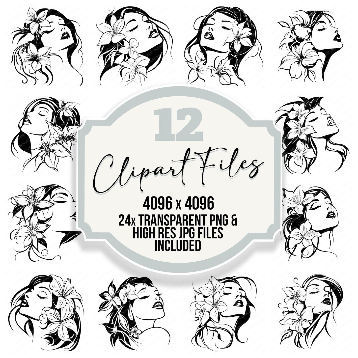 Floral Woman Line Art Clipart Set (DDD005447)