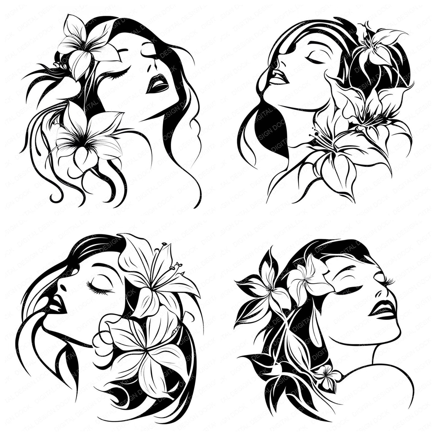 Floral Woman Line Art Clipart Set (DDD005447)