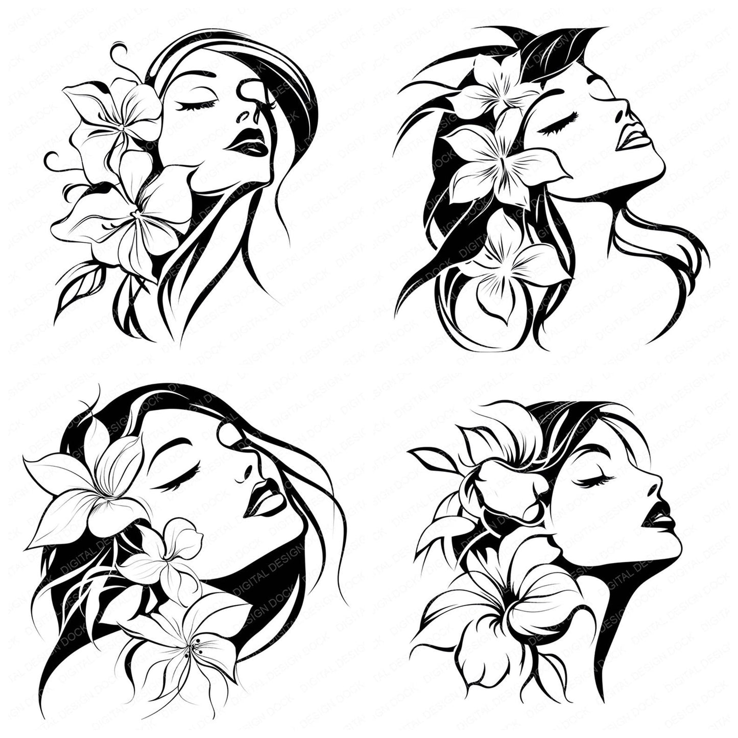 Floral Woman Line Art Clipart Set (DDD005447)