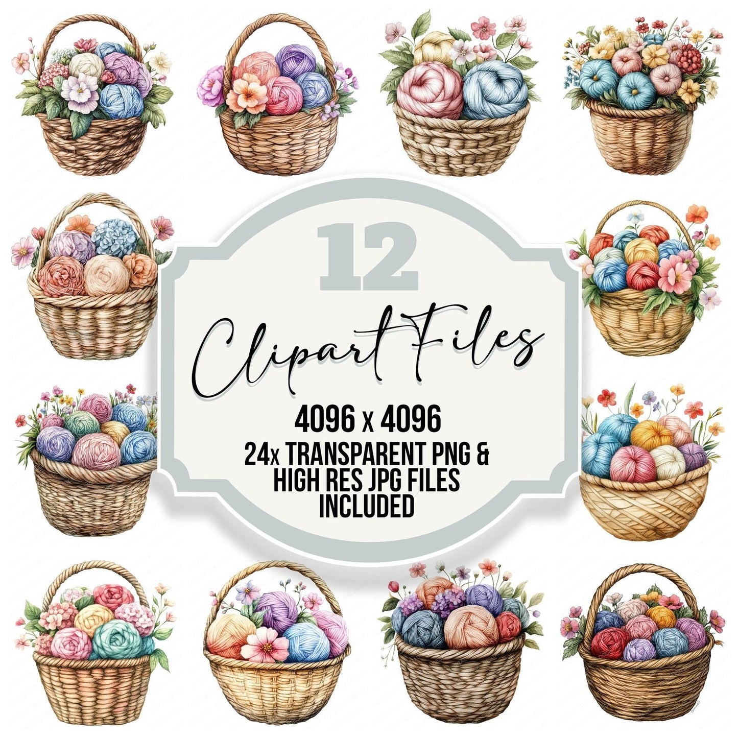 Floral Yarn Basket Clipart Set (DDD005451)
