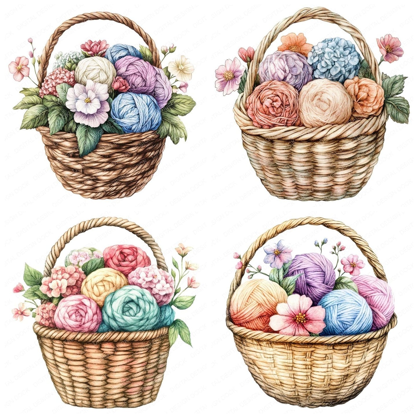 Floral Yarn Basket Clipart Set (DDD005451)