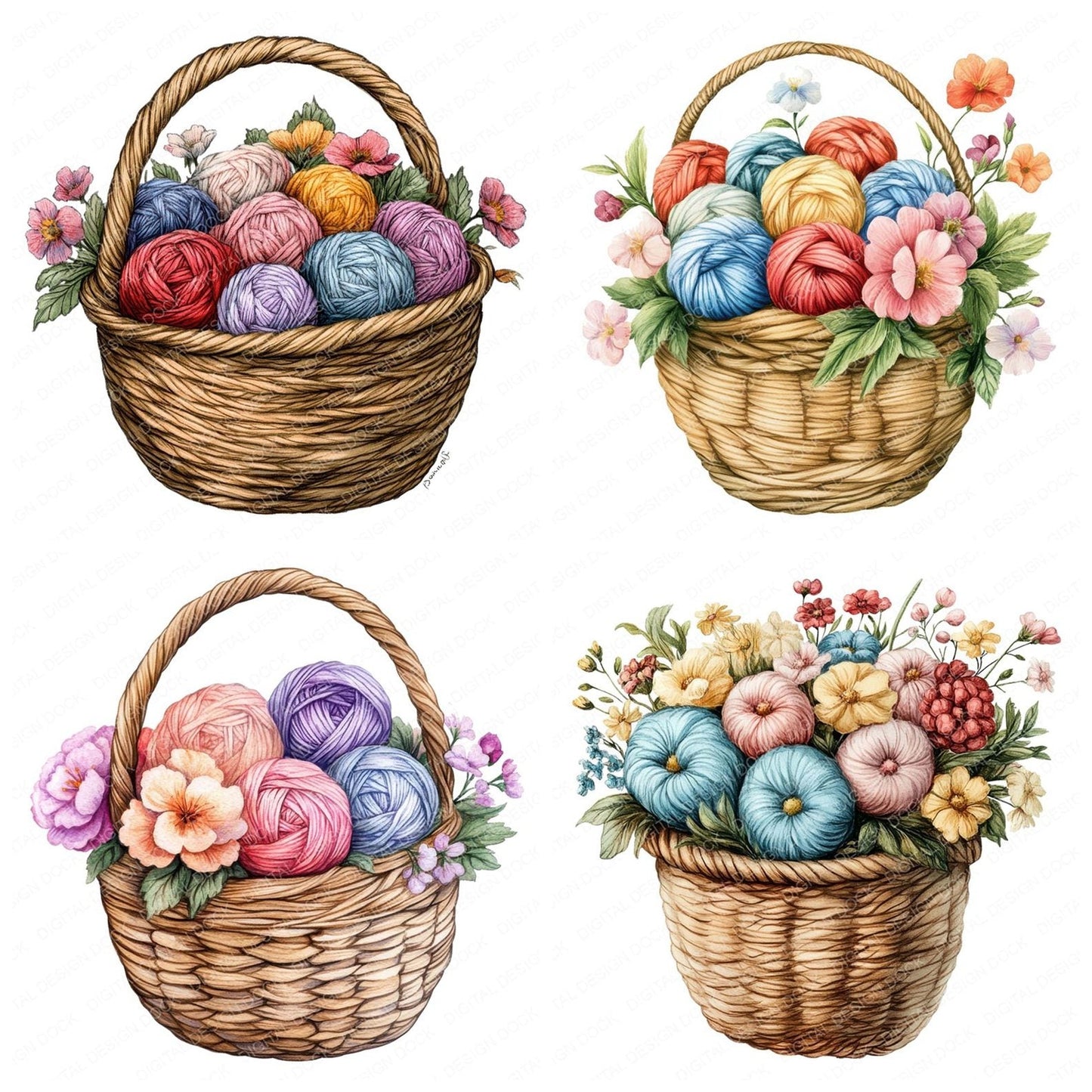 Floral Yarn Basket Clipart Set (DDD005451)