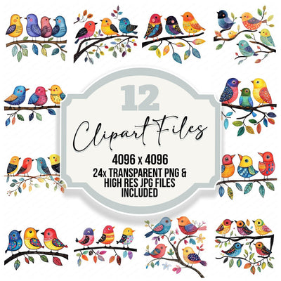 Folk Art Birds on Branch clipart set cover showing the designs and file details