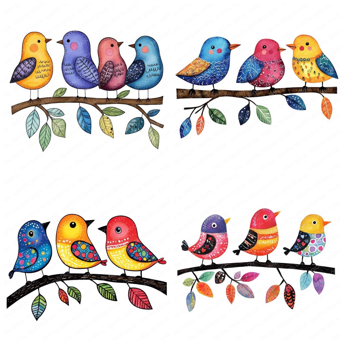 Folk Art Birds on Branch Clipart Set (DDD005461)
