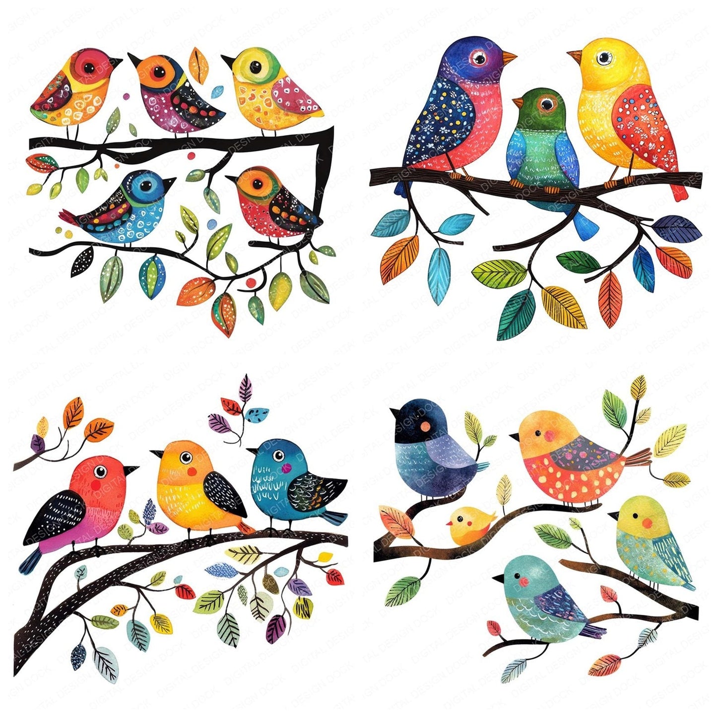 Folk Art Birds on Branch Clipart Set (DDD005461)