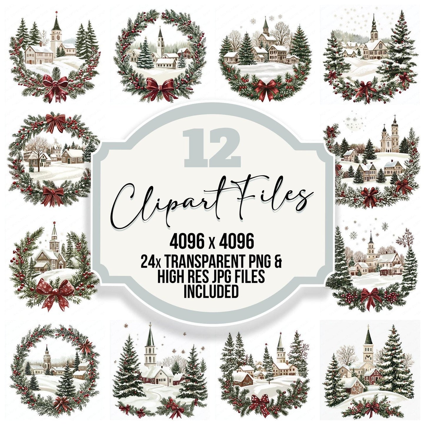 Folk Art Christas Scene Design Clipart Set (DDD005465)