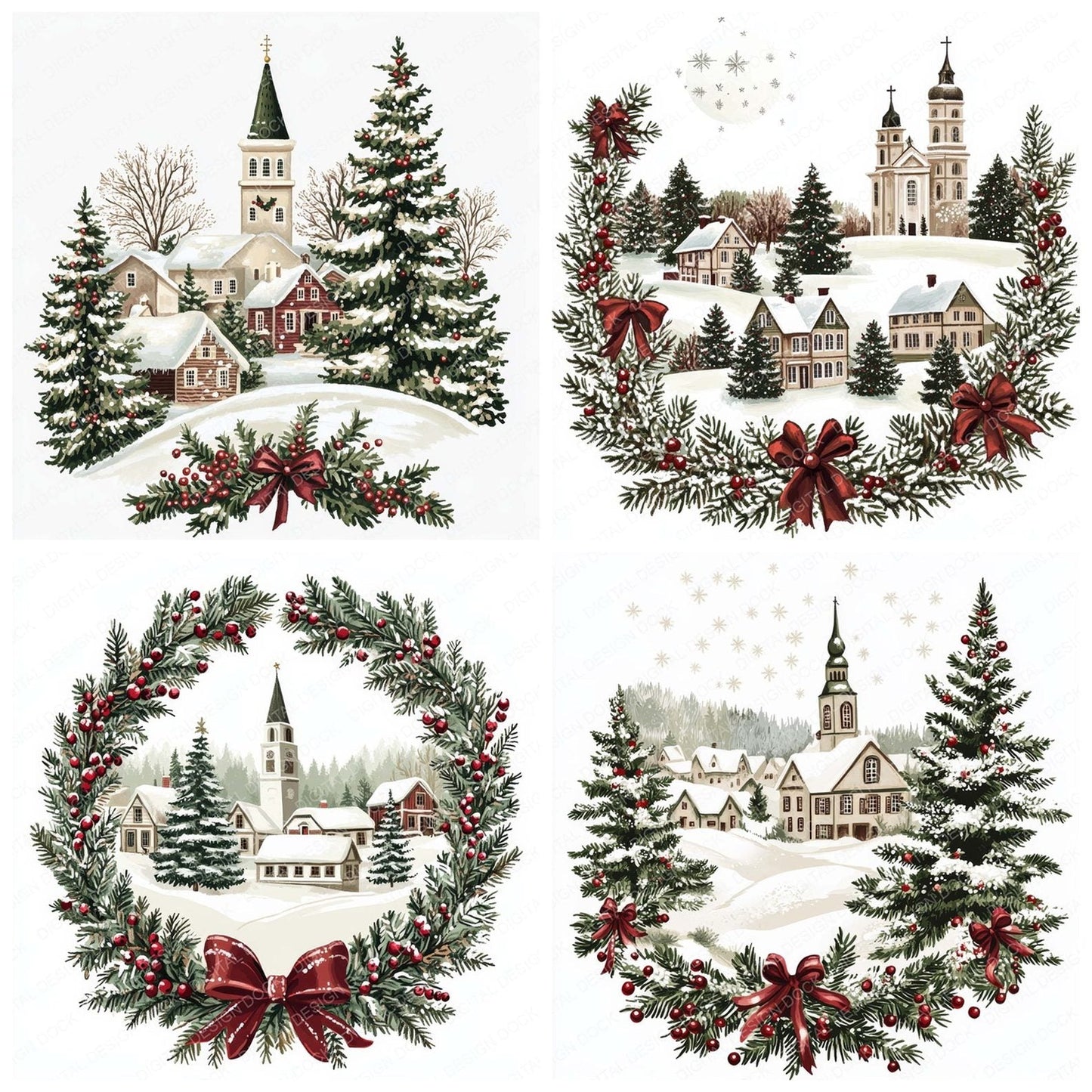 Folk Art Christas Scene Design Clipart Set (DDD005465)