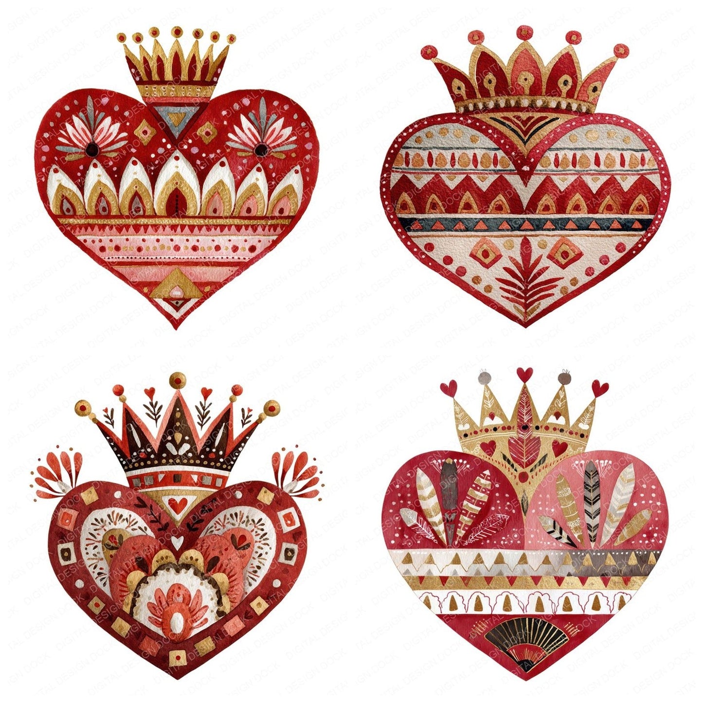 Folk Art Crowned Heart Clipart Set (DDD005479)