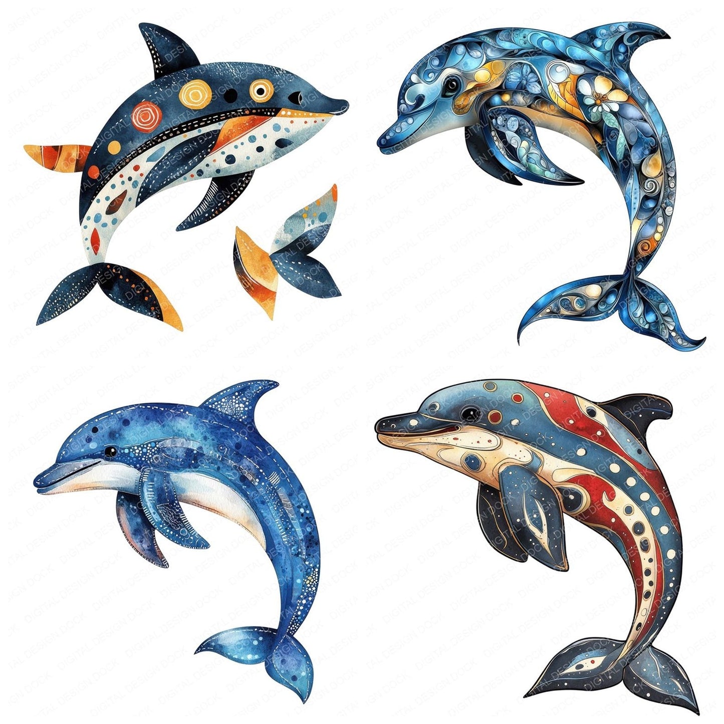 Folk Art Dolphin Clipart Set (DDD005480)