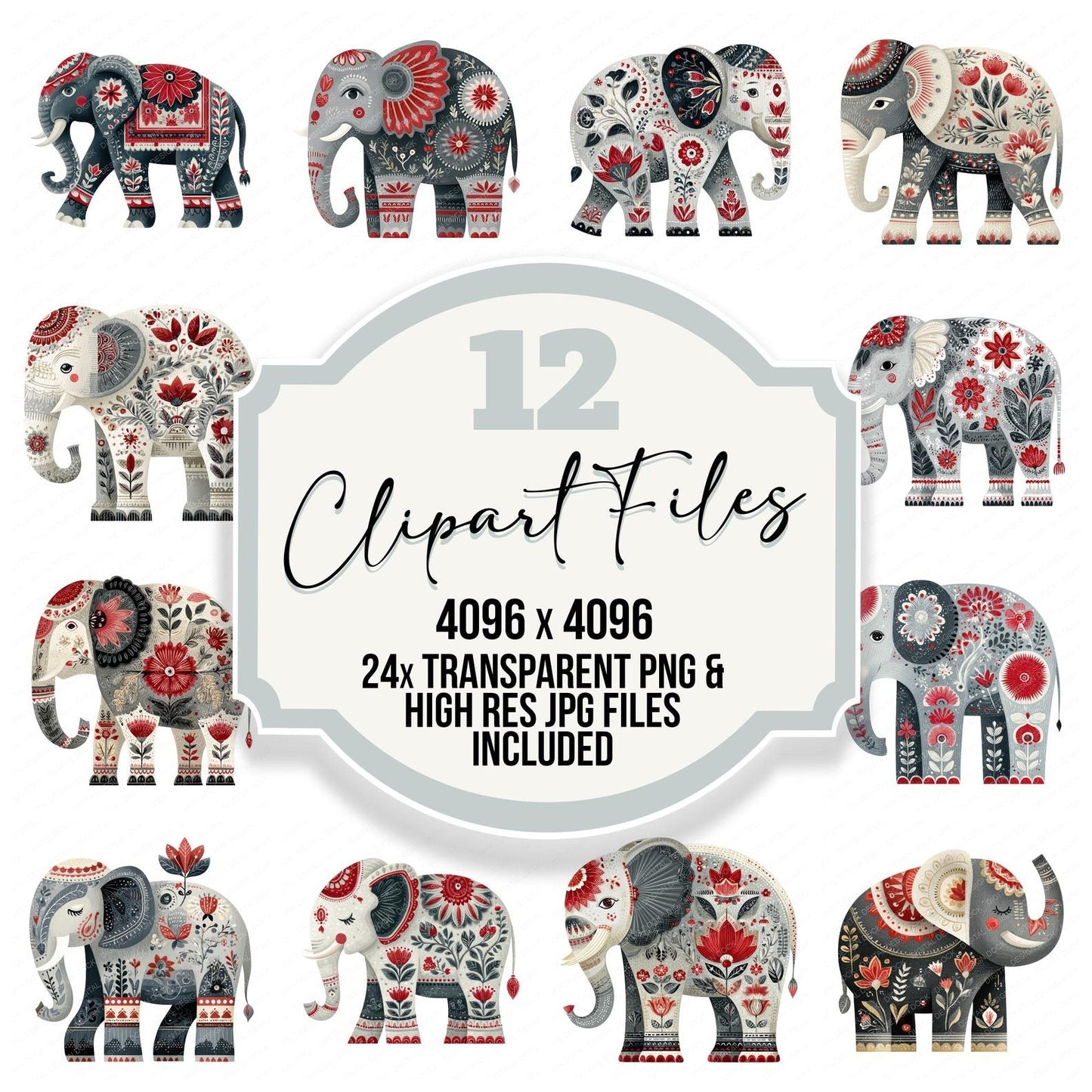 Folk Art Elephant Clipart Set (DDD005482)