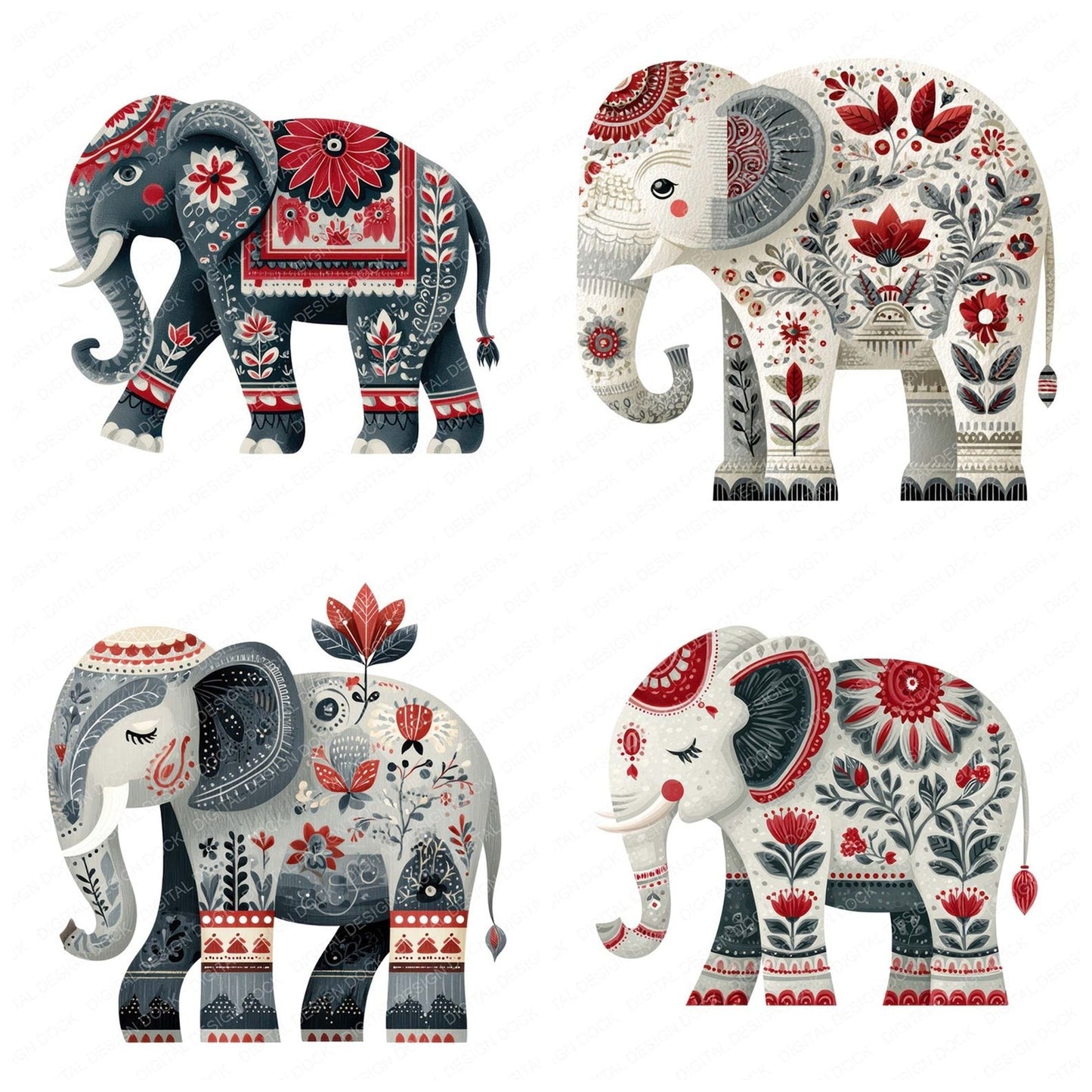 Folk Art Elephant Clipart Set (DDD005482)