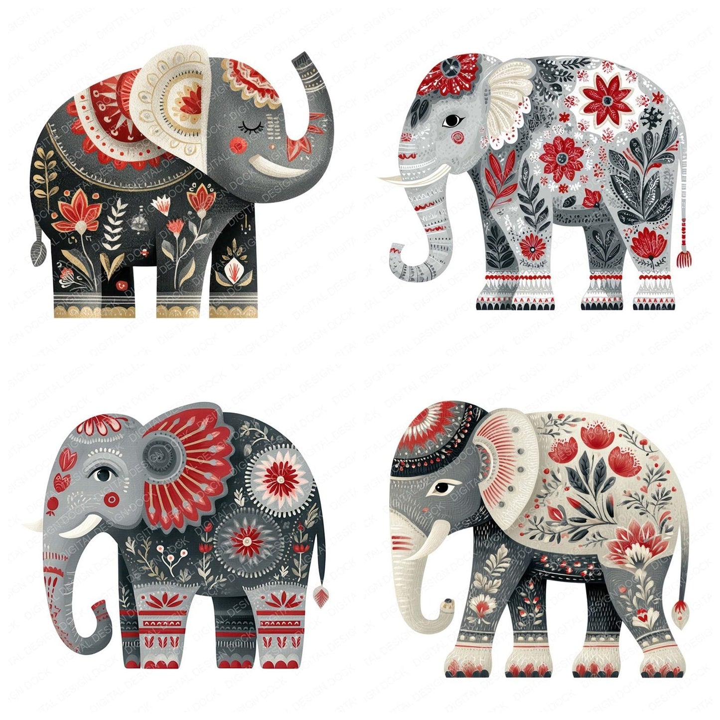 Folk Art Elephant Clipart Set (DDD005482)